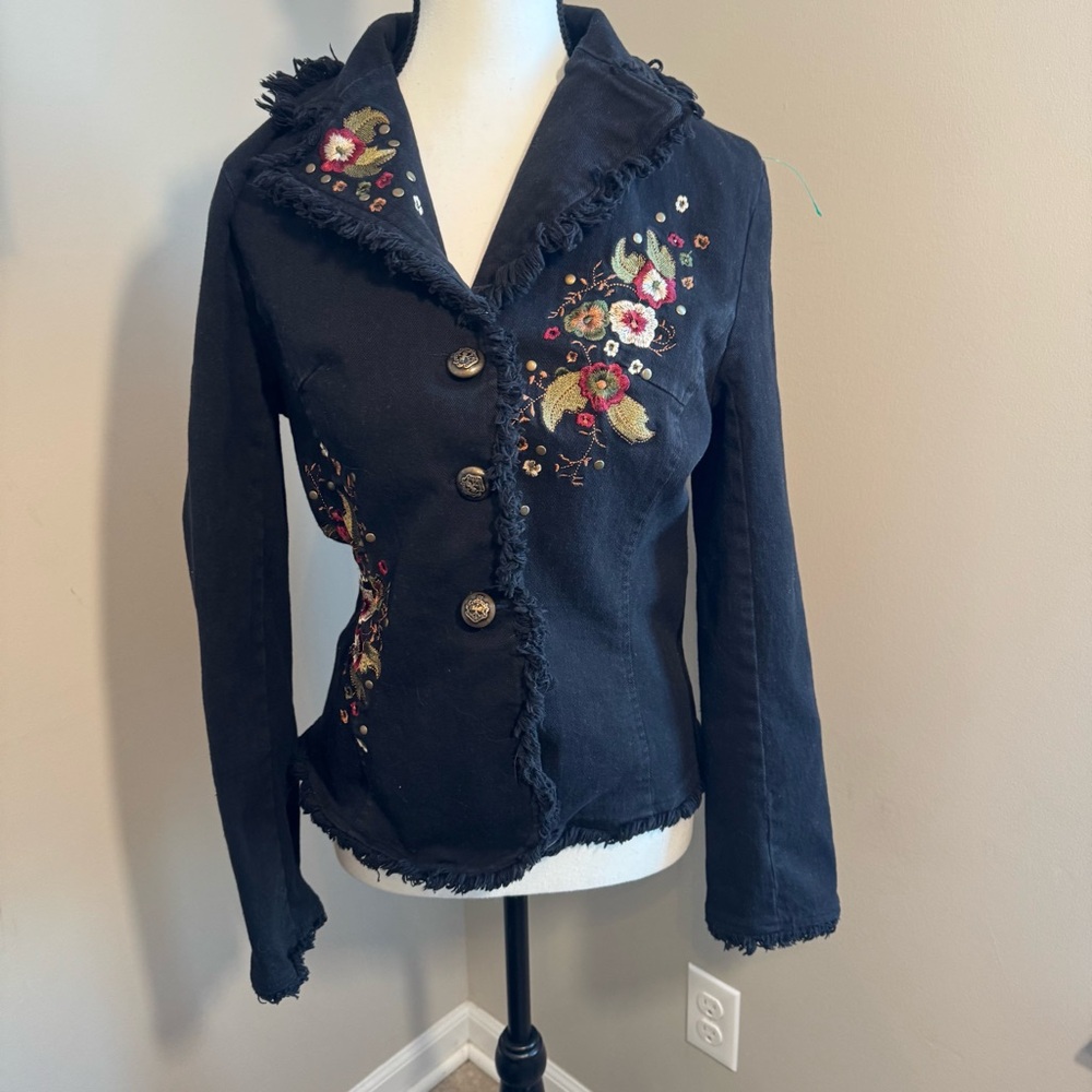 Sassy‎ Embroidered Floral Jacket Black Raw Edge Studded Y2K Boho M